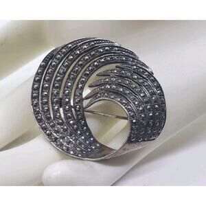 Vintage Brooch Art Deco 925 Sterling Silver True Marcasite Swirled